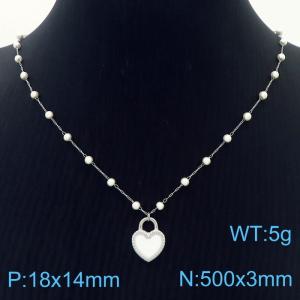 Stainless Steel Beads Necklace Link Chain With White Heart Pendant Silver Color - KN281798-Z