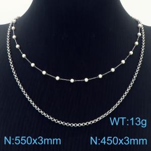 3mm Double Layers Stainless Steel Beads Necklace Link Chain Silver Color - KN281800-Z