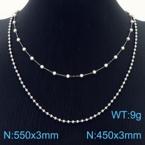 3mm Double Layers Stainless Steel Beads Necklace Link Chain Silver Color - KN281802-Z