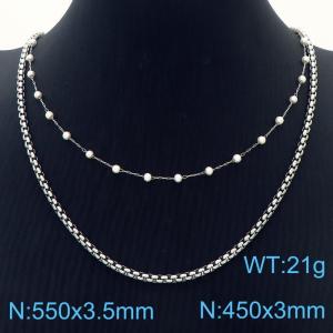 3.5mm Double Layers Stainless Steel Beads Necklace Link Chain Silver Color - KN281803-Z