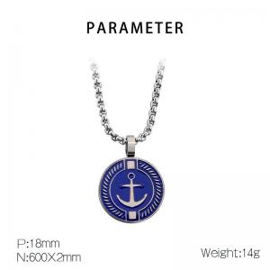 European and American fashion stainless steel deep blue drop glue circular carved boat anchor pendant charm silver necklace - KN282685-AQ