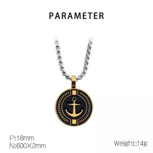 European and American fashion stainless steel gold-plated  black drop glue circular carved boat anchor pendant charm silver necklace - KN282687-AQ