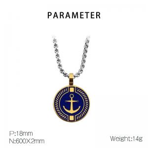 European and American fashion stainless steel gold-plated deep blue drop glue circular carved boat anchor pendant charm silver necklace - KN282688-AQ