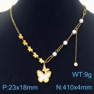European and American fashion stainless steel mixed chain hanging butterfly pearl tassel accessories temperament versatile gold necklace - KN282737-CM