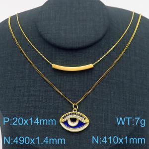 490mm Women Stainless Steel Double-Chain Necklace with Rhinestones Blue Eye Pendant - KN282774-SP