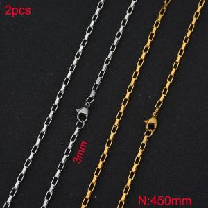 Simple square box chain 3mm gold and steel two-piece stainless steel necklace, 45cm - KN283277-Z