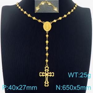 Gold hollow cross pendant, love chain, stainless steel necklace - KN284011-Z