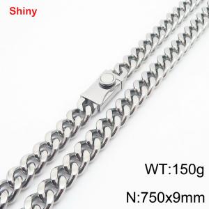 Fashionable stainless steel 750 × 9mm double-sided grinding chain creative small circle splicing rectangular combination buckle charm silver necklace - KN284323-Z