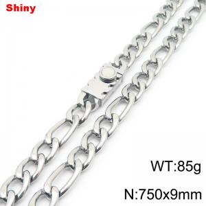 9mm 75cm minimalist polished plain chain toothed stainless steel square buckle 3:1 Figaro necklace - KN284857-Z