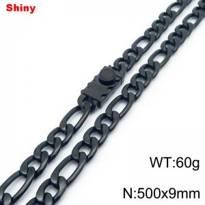 9mm 50cm minimalist polished plain chain toothed stainless steel square buckle 3:1 Figaro necklace - KN284859-Z