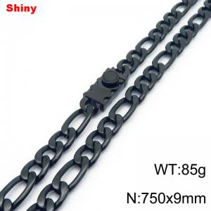 9mm 75cm minimalist polished plain chain toothed stainless steel square buckle 3:1 Figaro necklace - KN284864-Z
