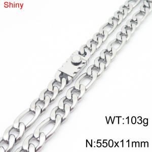 11mm 55cm minimalist polished plain chain toothed stainless steel square buckle 3:1 Figaro necklace - KN285044-Z