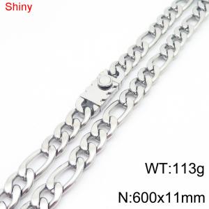 11mm 60cm minimalist polished plain chain toothed stainless steel square buckle 3:1 Figaro necklace - KN285045-Z