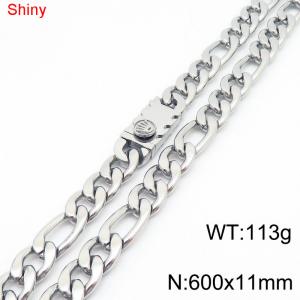 11mm 60cm minimalist polished plain chain stainless steel square crown buckle 3:1 Figaro necklace - KN285066-Z