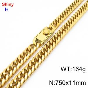 750mm 11mm Stainless Steel Necklace Cuban Chain Safety Buckle Gold Color - KN285300-Z