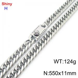 550mm 11mm Stainless Steel Necklace Cuban Chain Safety Buckle Silver Color - KN285345-Z