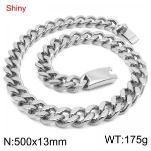 Minimally polished stainless steel 13mm smooth surface buckle with four sided polished Cuban chain 50cm necklace - KN285775-Z