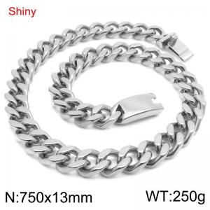 Minimally polished stainless steel 13mm smooth surface buckle with four sided polished Cuban chain 75cm necklace - KN285780-Z