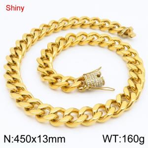 Simple and stylish polished stainless steel 13mm diamond studded faucet buckle with four sided polished Cuban chain 45cm necklace - KN285781-Z