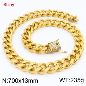 Simple and stylish polished stainless steel 13mm diamond studded faucet buckle with four sided polished Cuban chain 70cm necklace - KN285786-Z