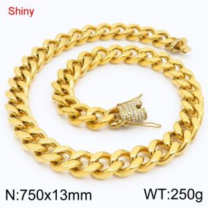 Simple and stylish polished stainless steel 13mm diamond studded faucet buckle with four sided polished Cuban chain 75cm necklace - KN285787-Z