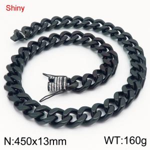 Simple and stylish polished stainless steel 13mm diamond studded faucet buckle with four sided polished Cuban chain 45cm necklace - KN285788-Z