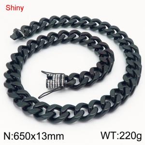 Simple and stylish polished stainless steel 13mm diamond studded faucet buckle with four sided polished Cuban chain 65cm necklace - KN285792-Z