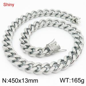 Simple and stylish polished stainless steel 13mm diamond studded faucet buckle with four sided polished Cuban chain 45cm necklace - KN285795-Z