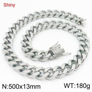 Simple and stylish polished stainless steel 13mm diamond studded faucet buckle with four sided polished Cuban chain 50cm necklace - KN285796-Z