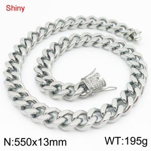 Simple and stylish polished stainless steel 13mm diamond studded faucet buckle with four sided polished Cuban chain 55cm necklace - KN285797-Z