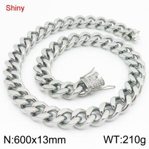 Simple and stylish polished stainless steel 13mm diamond studded faucet buckle with four sided polished Cuban chain 60cm necklace - KN285798-Z