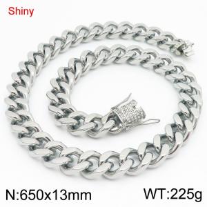 Simple and stylish polished stainless steel 13mm diamond studded faucet buckle with four sided polished Cuban chain 65cm necklace - KN285799-Z