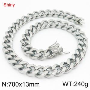 Simple and stylish polished stainless steel 13mm diamond studded faucet buckle with four sided polished Cuban chain 70cm necklace - KN285800-Z