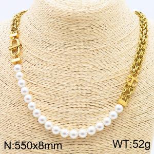 550mm Unisex Anchor Gold-Plated Stainless Steel&Pearls Necklace - KN286030-KFC
