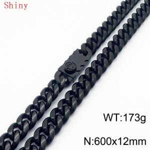 12 * 600mm trendy, personalized, simple, polished plain chain men's titanium steel Cuban necklace black - KN286825-Z