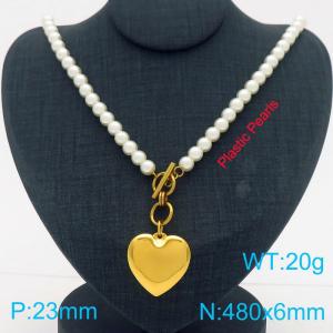 Fashionable and exaggerated smooth heart-shaped pearl OT buckle stainless steel necklace - KN286876-Z