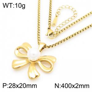 European and American fashion personality stainless steel 400 × 2mm square pearl chain hanging inlaid with pearl bow pendant charm gold necklace - KN286879-KFC