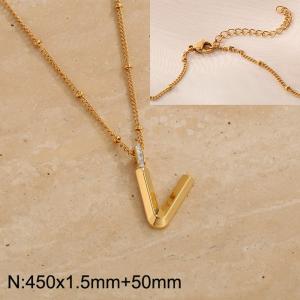 Gold stainless steel diamond letter V pendant necklace - KN286991-Z