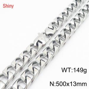 13mm 500mm Stainless Steel Cuban Chain Shiny Silver Color Necklace - KN287272-Z