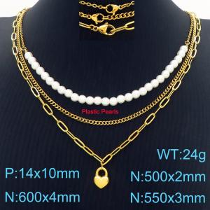 Fashionable and popular stainless steel heart-shaped triple layered pearl necklace - KN287543-Z