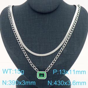 Stainless steel creative double-layer layered chain rectangular inlaid emerald glass diamond geometric pendant charm silver necklace - KN287602-GC