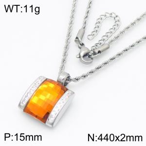 Champagne Orange Crystal Glass Square Diamond Set Stainless Steel Necklace - KN287689-GC