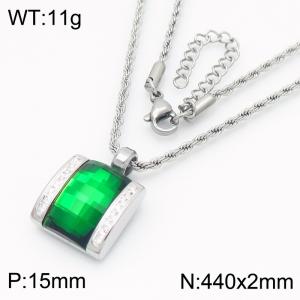 Green crystal glass square diamond studded steel stainless steel necklace - KN287691-GC