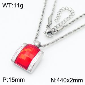 Red crystal glass square diamond studded steel stainless steel necklace - KN287693-GC