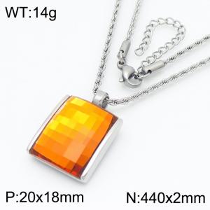 Champagne colored crystal glass square pendant, steel colored stainless steel necklace - KN287694-GC