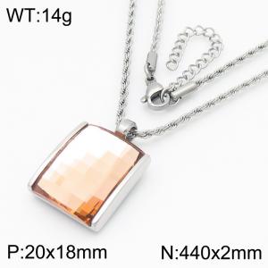 Champagne colored crystal glass square pendant, steel colored stainless steel necklace - KN287698-GC