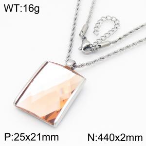 Champagne colored crystal glass square pendant, steel colored stainless steel necklace - KN287700-GC