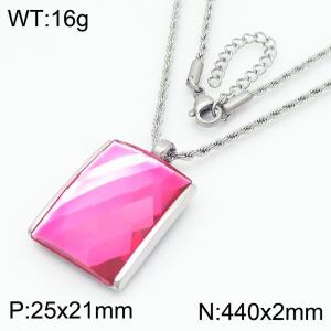 Pink crystal glass Square Pendant Steel Stainless Steel Necklace - KN287703-GC