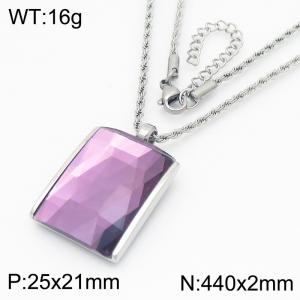 Purple crystal glass Square Pendant Steel Stainless Steel Necklace - KN287704-GC