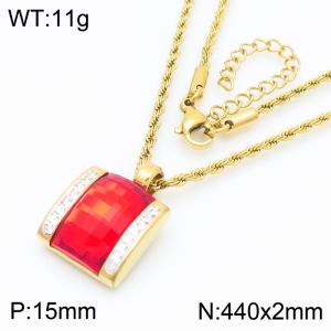 Red crystal glass square diamond studded gold stainless steel necklace - KN287706-GC